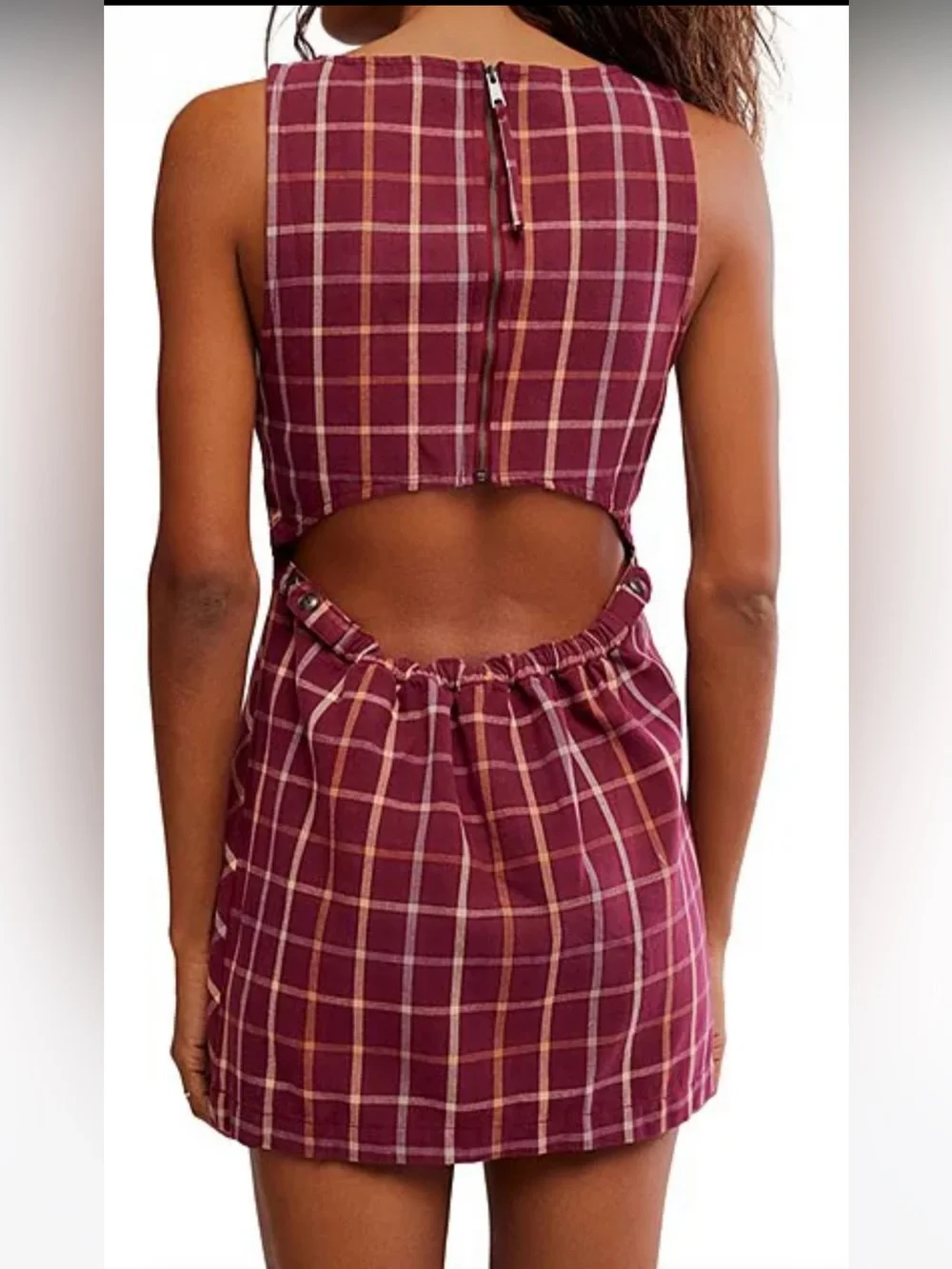 NWT🌷(S) Free People Plaid Printed Boat Neck Sleeveless Back Cut-Out Mini Dress